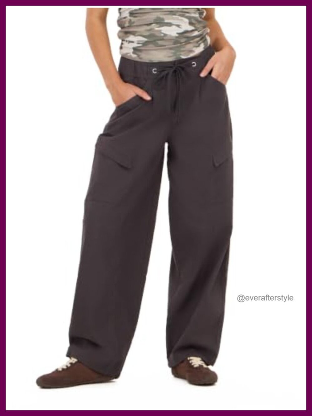 Forever 21 Barrel-Leg Cargo Pants Elastic Waist Loose Fit Women's